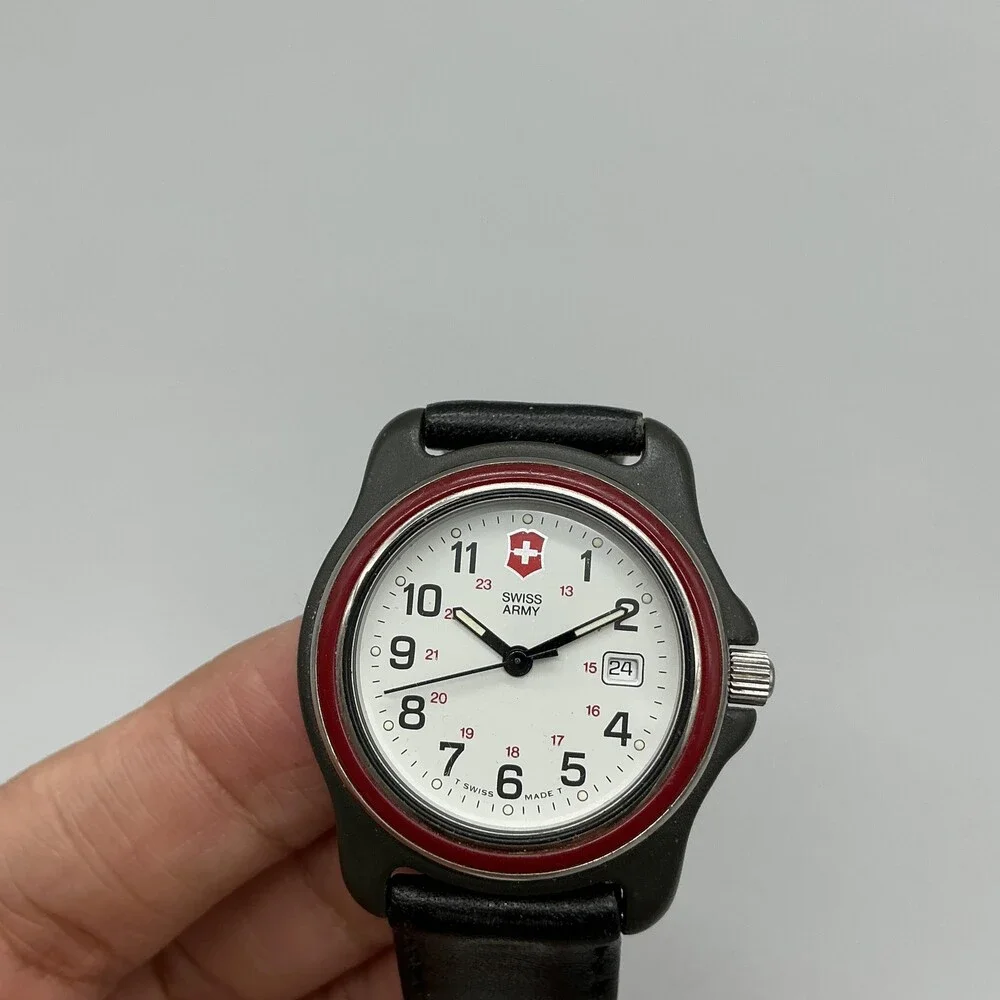 Swiss Army Mens Watch 33mm White Dial Black Leather Red Bezel New Battery